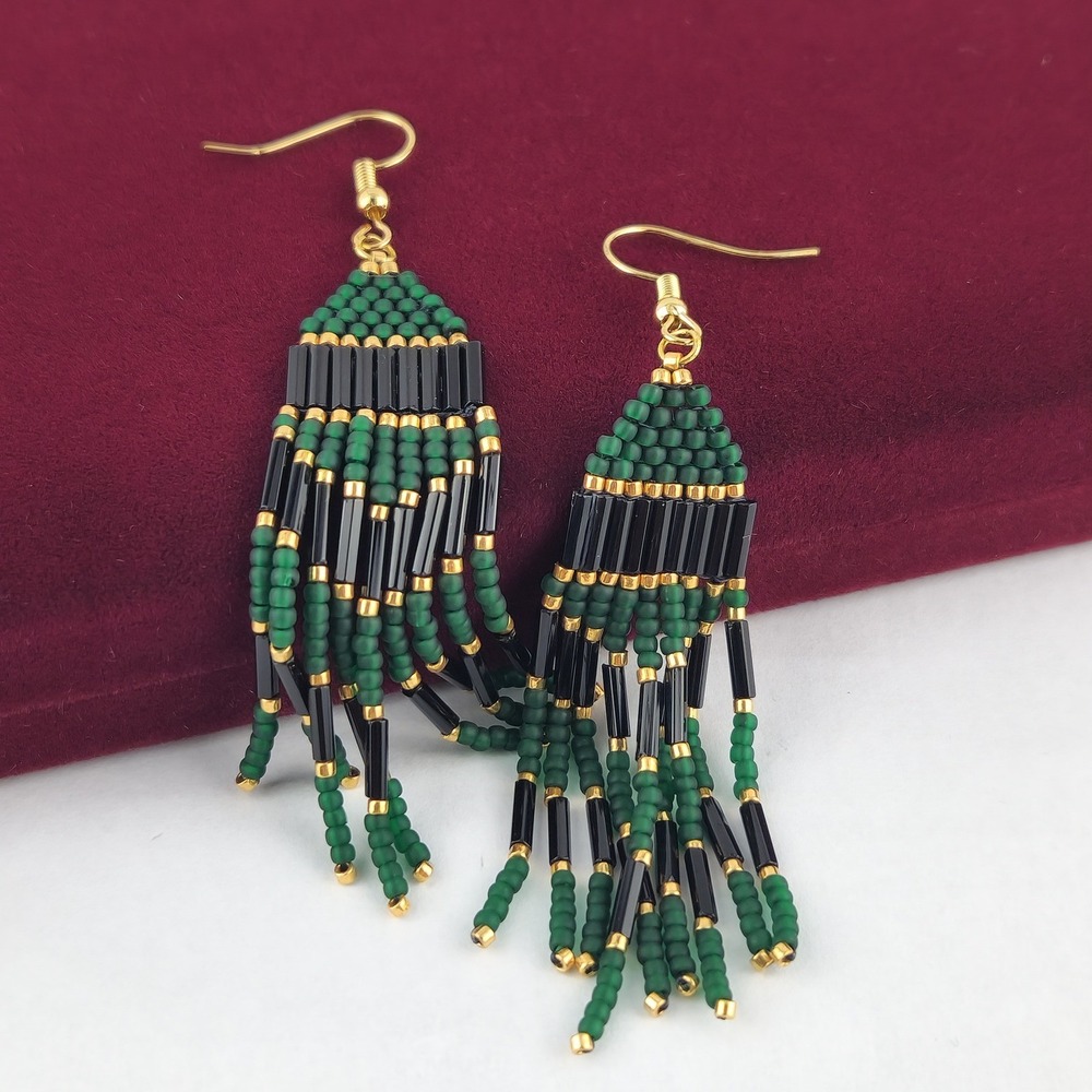 Handmade Green Black Seed Bead Fringe Earrings Gold Tone Boho